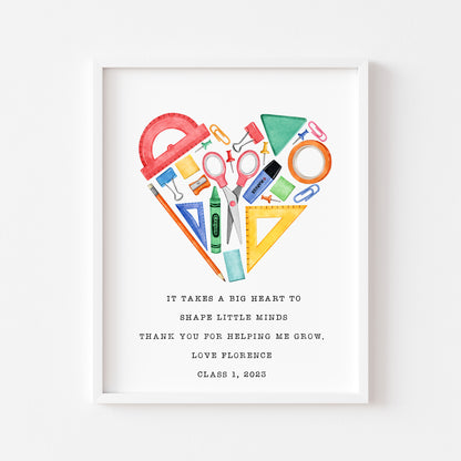 Personalised Thank you teacher gift, heart watercolour illustration unframed wall art poster print