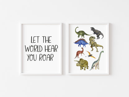 Set of 2 dinosaur prints Dinosaur, let the world hear you ROAR watercolour dinosaur pictures unframed wall art poster prints