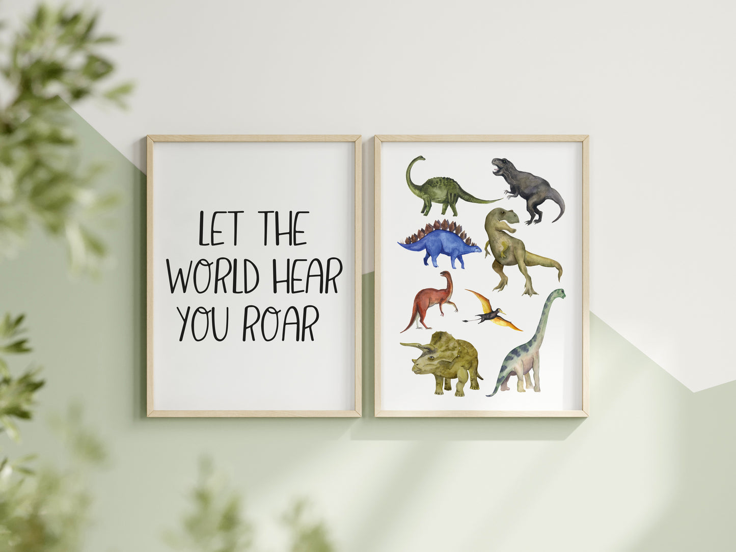 Set of 2 dinosaur prints Dinosaur, let the world hear you ROAR watercolour dinosaur pictures unframed wall art poster prints