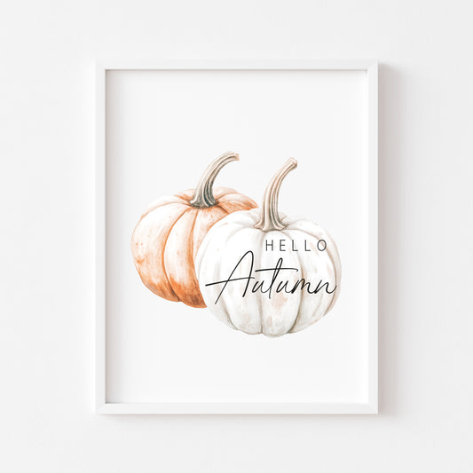 Hello Autumn, watercolour orange white pumpkins fall seasonal unframed wall art poster print, autumn home decor autumn decor, fall art