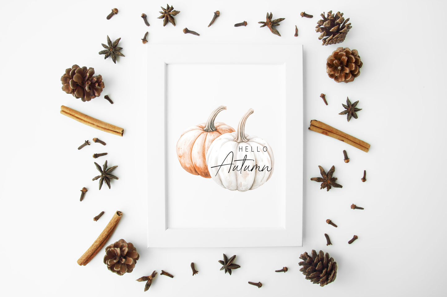 Hello Autumn, watercolour orange white pumpkins fall seasonal unframed wall art poster print, autumn home decor autumn decor, fall art