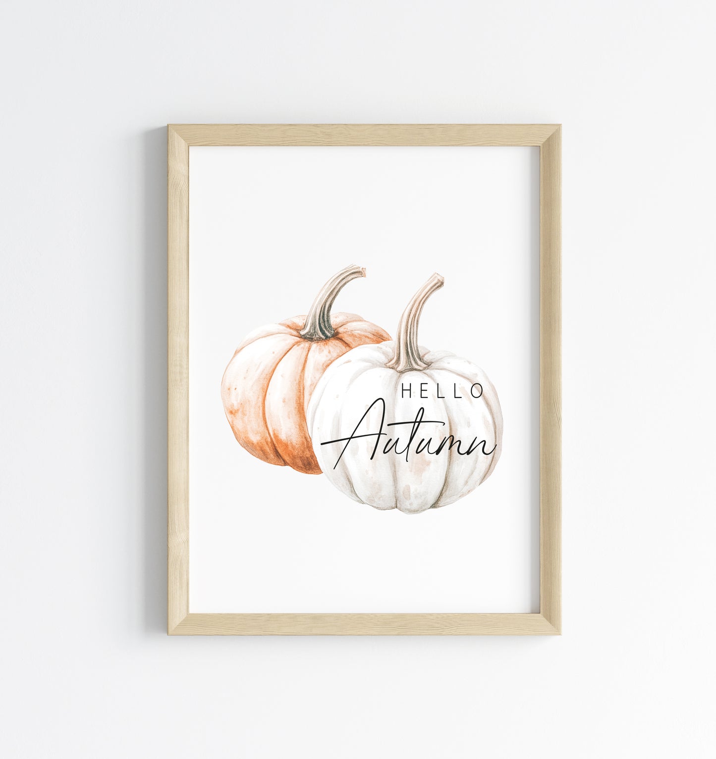 Hello Autumn, watercolour orange white pumpkins fall seasonal unframed wall art poster print, autumn home decor autumn decor, fall art