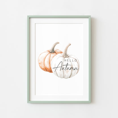 Hello Autumn, watercolour orange white pumpkins fall seasonal unframed wall art poster print, autumn home decor autumn decor, fall art