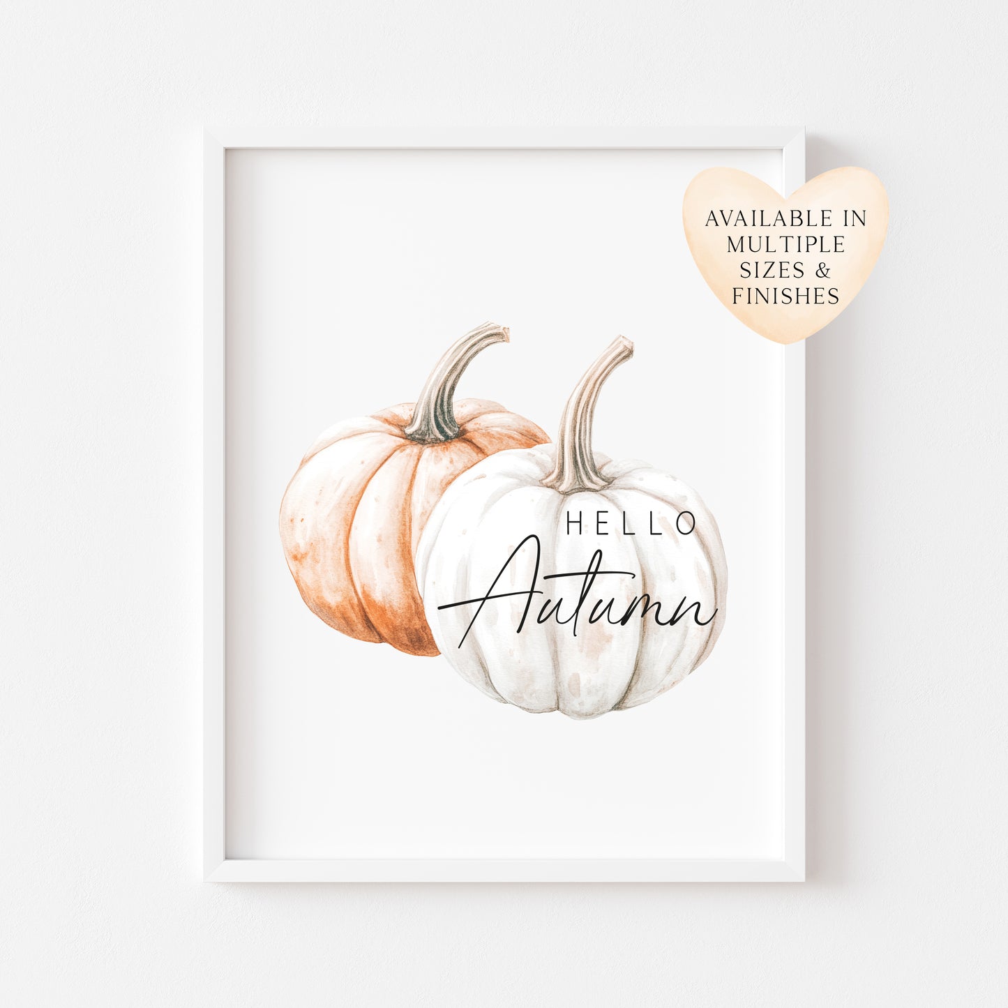Hello Autumn, watercolour orange white pumpkins fall seasonal unframed wall art poster print, autumn home decor autumn decor, fall art
