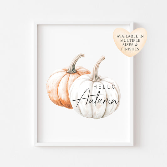 Hello Autumn, watercolour orange white pumpkins fall seasonal unframed wall art poster print, autumn home decor autumn decor, fall art