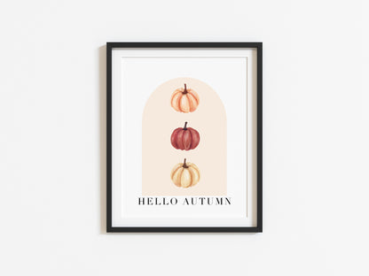 Hello Autumn watercolour pumpkin trio beige and red seasonal unframed wall art poster print