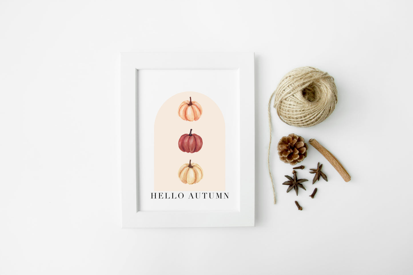 Hello Autumn watercolour pumpkin trio beige and red seasonal unframed wall art poster print