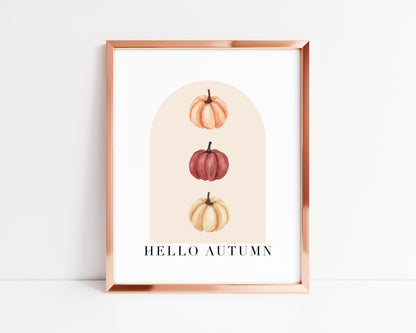 Hello Autumn watercolour pumpkin trio beige and red seasonal unframed wall art poster print