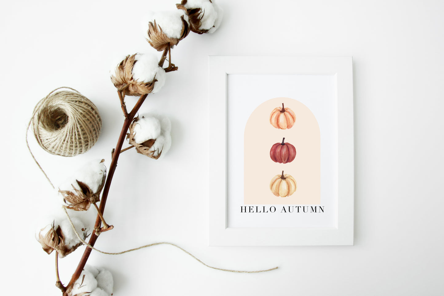 Hello Autumn watercolour pumpkin trio beige and red seasonal unframed wall art poster print
