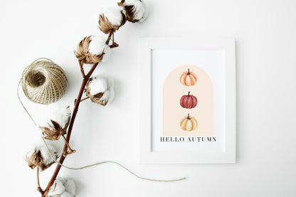 Hello Autumn watercolour pumpkin trio beige and red seasonal unframed wall art poster print