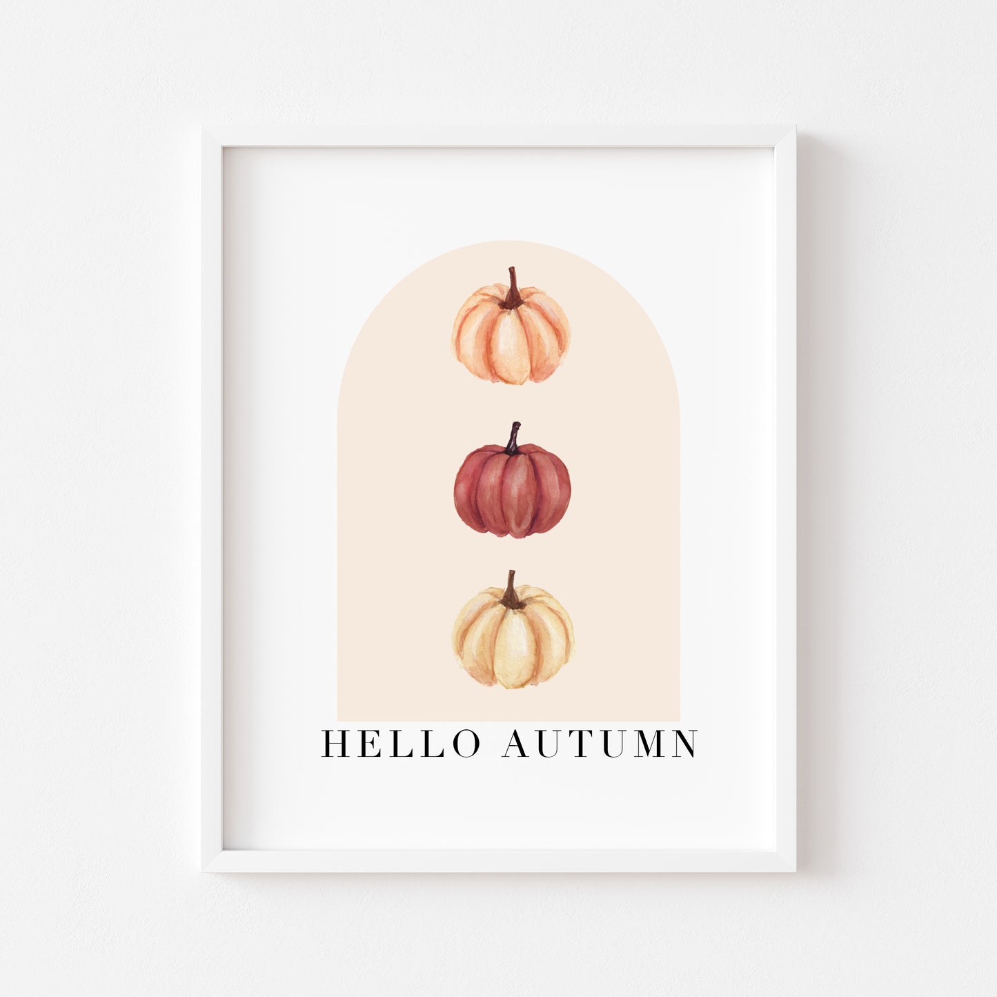 Hello Autumn watercolour pumpkin trio beige and red seasonal unframed wall art poster print