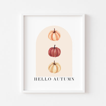 Hello Autumn watercolour pumpkin trio beige and red seasonal unframed wall art poster print