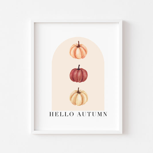 Hello Autumn watercolour pumpkin trio beige and red seasonal unframed wall art poster print