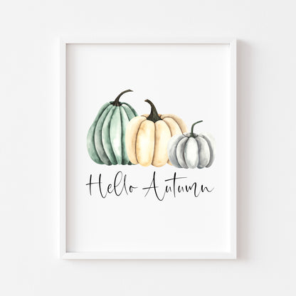 Autumn Pumpkin Print Green cream & Grey Fall Wall Art Poster (Unframed)
