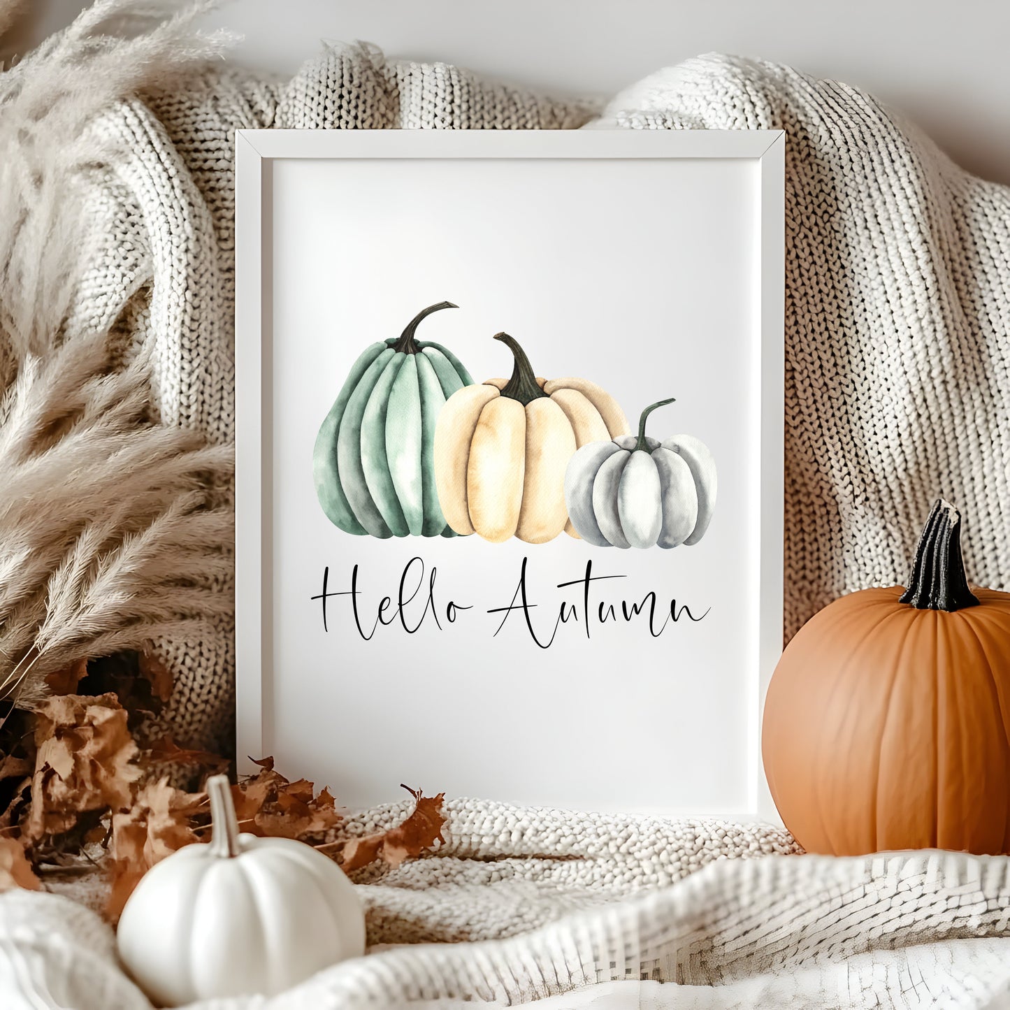 Autumn Pumpkin Print Green cream & Grey Fall Wall Art Poster (Unframed)