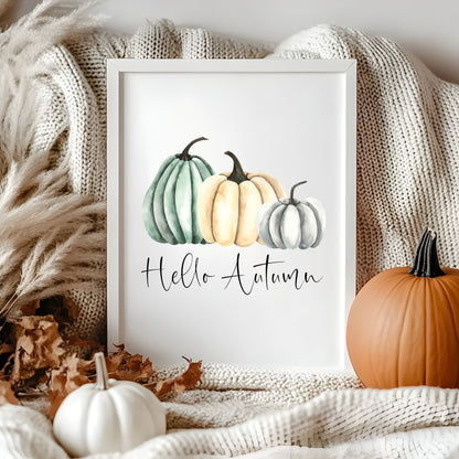 Autumn Pumpkin Print Green cream & Grey Fall Wall Art Poster (Unframed)