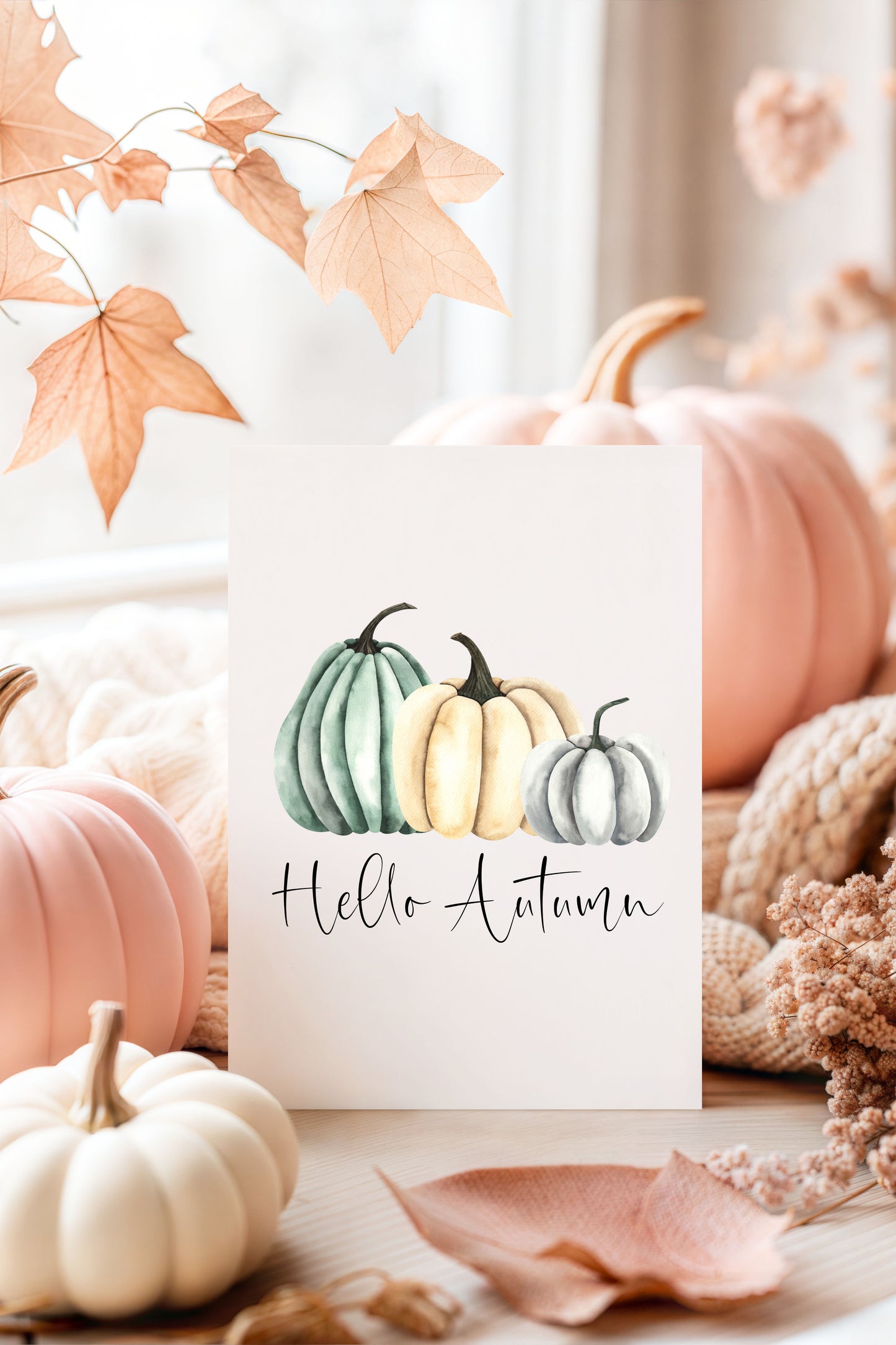 Autumn Pumpkin Print Green cream & Grey Fall Wall Art Poster (Unframed)