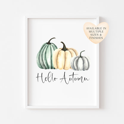 Autumn Pumpkin Print Green cream & Grey Fall Wall Art Poster (Unframed)