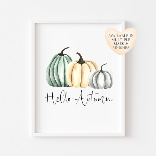 Autumn Pumpkin Print Green cream & Grey Fall Wall Art Poster (Unframed)