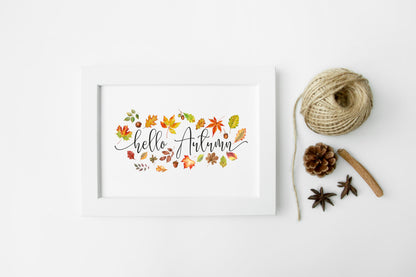 Hello Autumn, leaves, acorns, foliage autumn watercolour seasonal unframed wall art poster print
