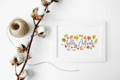 Hello Autumn, leaves, acorns, foliage autumn watercolour seasonal unframed wall art poster print