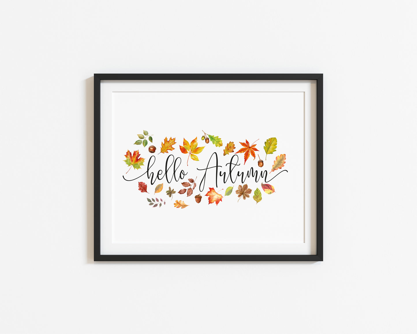 Hello Autumn, leaves, acorns, foliage autumn watercolour seasonal unframed wall art poster print