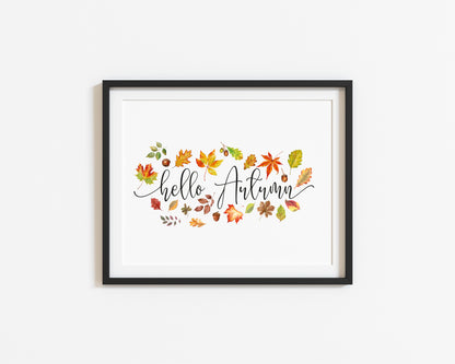 Hello Autumn, leaves, acorns, foliage autumn watercolour seasonal unframed wall art poster print