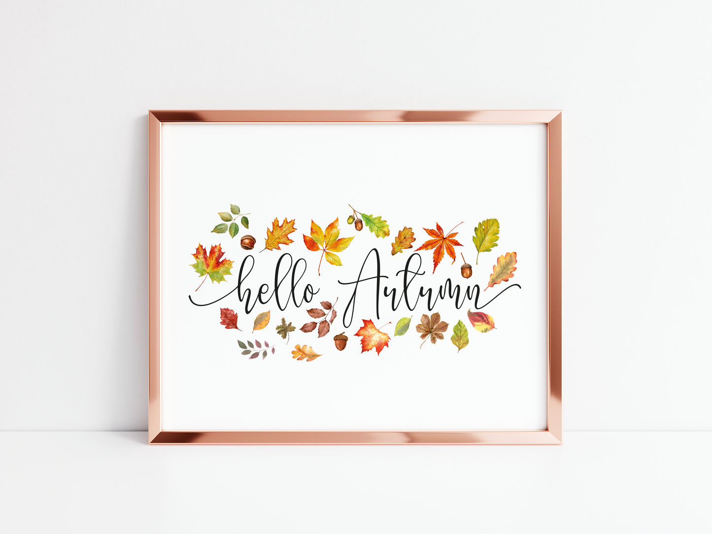 Hello Autumn, leaves, acorns, foliage autumn watercolour seasonal unframed wall art poster print