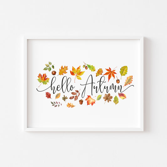 Hello Autumn, leaves, acorns, foliage autumn watercolour seasonal unframed wall art poster print