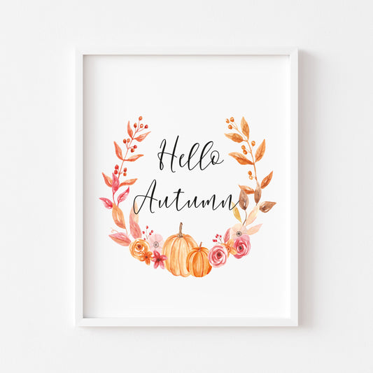 Hello Autumn orange pumpkin foliage watercolour seasonal unframed wall art poster print