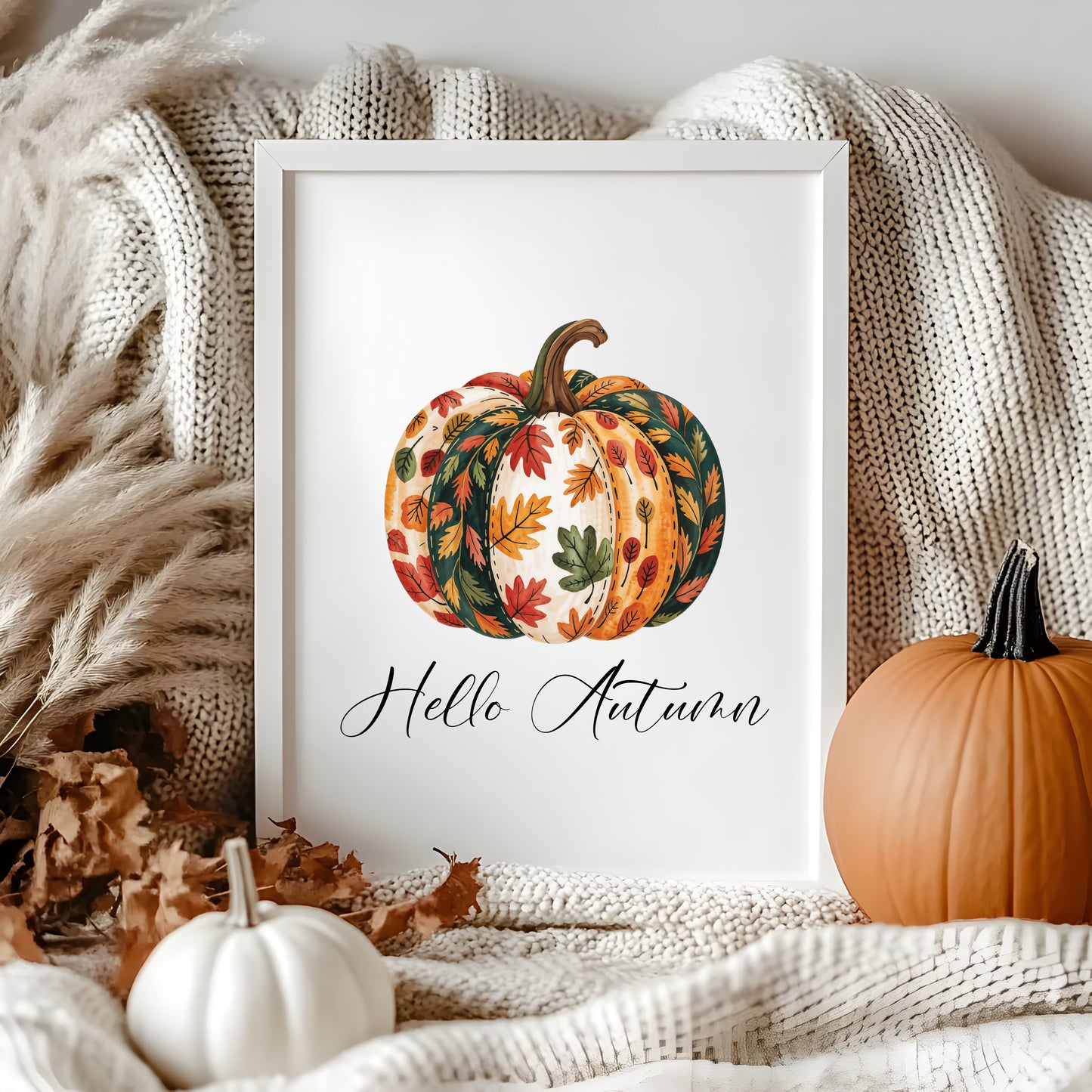 Autumn print, Hello Autumn Pumpkin, red orange green patterned fall leaves pumpkin unframed wall art poster print, autumn decor, pumpkins