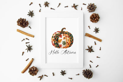 Autumn print, Hello Autumn Pumpkin, red orange green patterned fall leaves pumpkin unframed wall art poster print, autumn decor, pumpkins