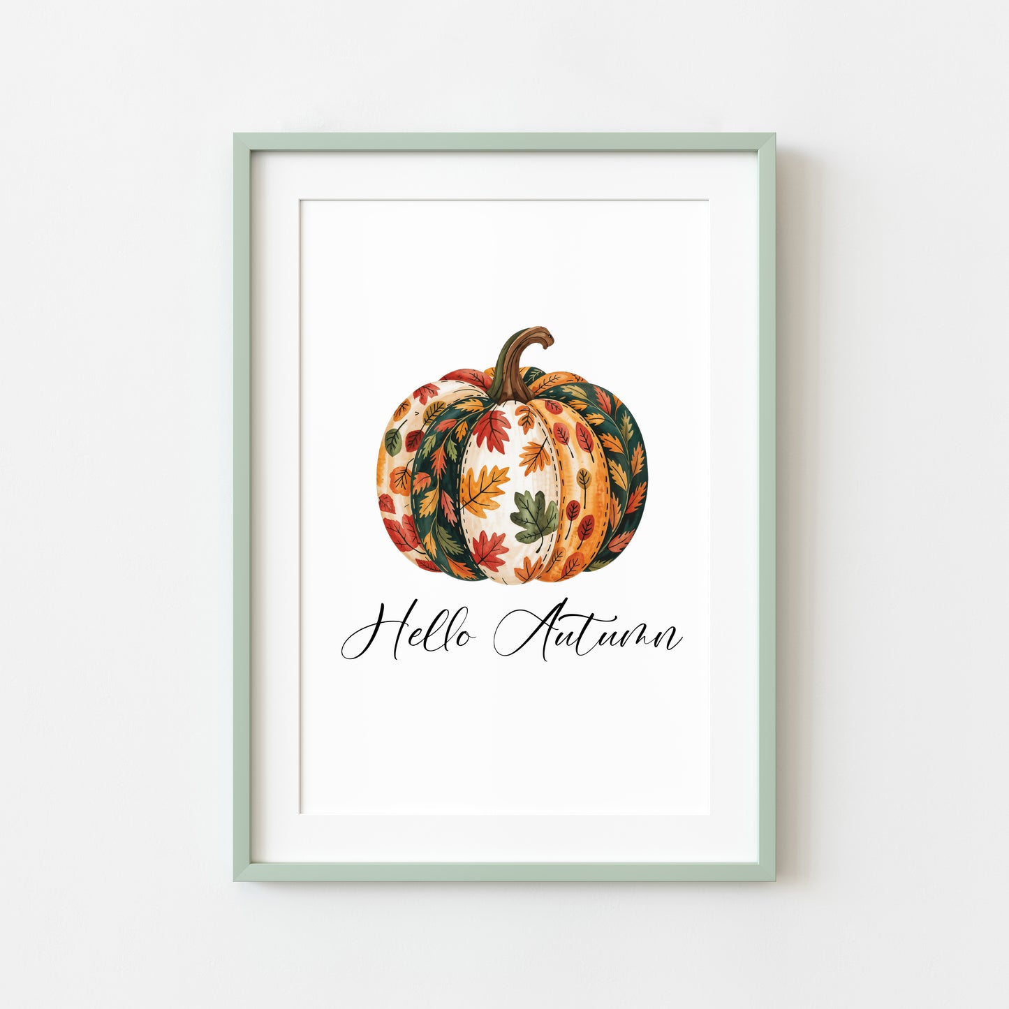 Autumn print, Hello Autumn Pumpkin, red orange green patterned fall leaves pumpkin unframed wall art poster print, autumn decor, pumpkins