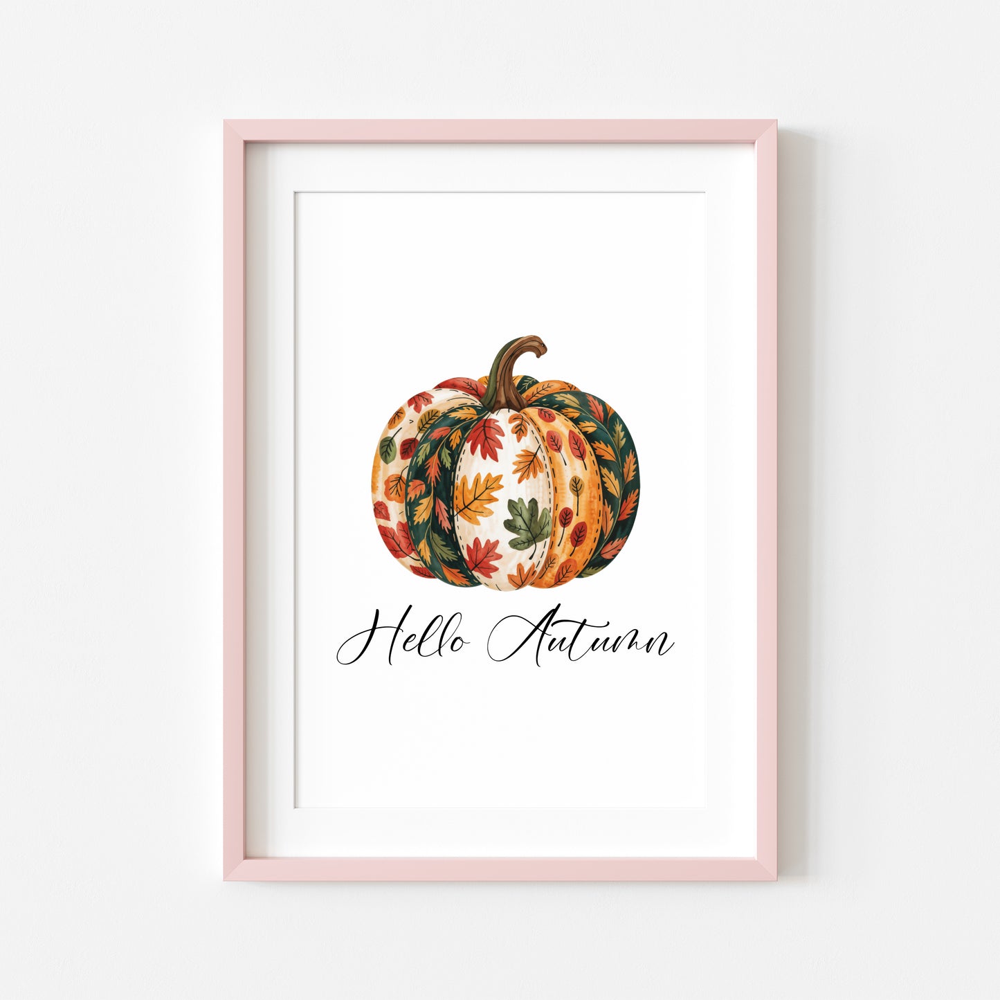 Autumn print, Hello Autumn Pumpkin, red orange green patterned fall leaves pumpkin unframed wall art poster print, autumn decor, pumpkins
