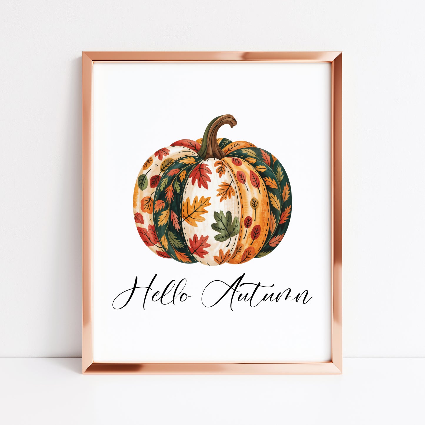 Autumn print, Hello Autumn Pumpkin, red orange green patterned fall leaves pumpkin unframed wall art poster print, autumn decor, pumpkins