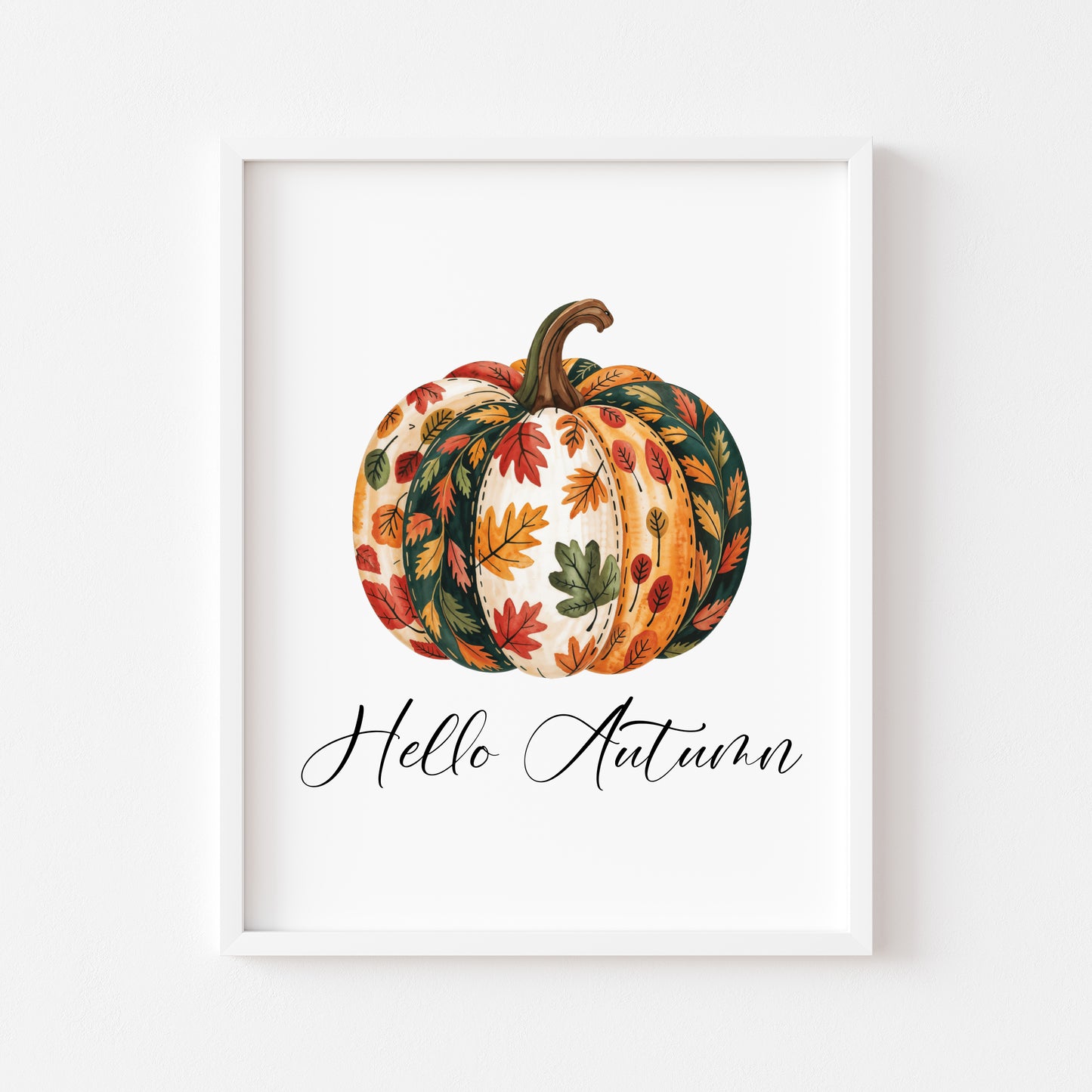 Autumn print, Hello Autumn Pumpkin, red orange green patterned fall leaves pumpkin unframed wall art poster print, autumn decor, pumpkins