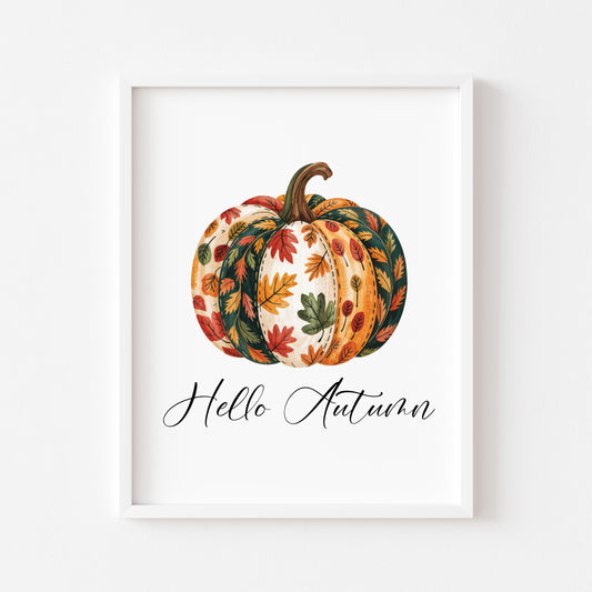 Autumn print, Hello Autumn Pumpkin, red orange green patterned fall leaves pumpkin unframed wall art poster print, autumn decor, pumpkins