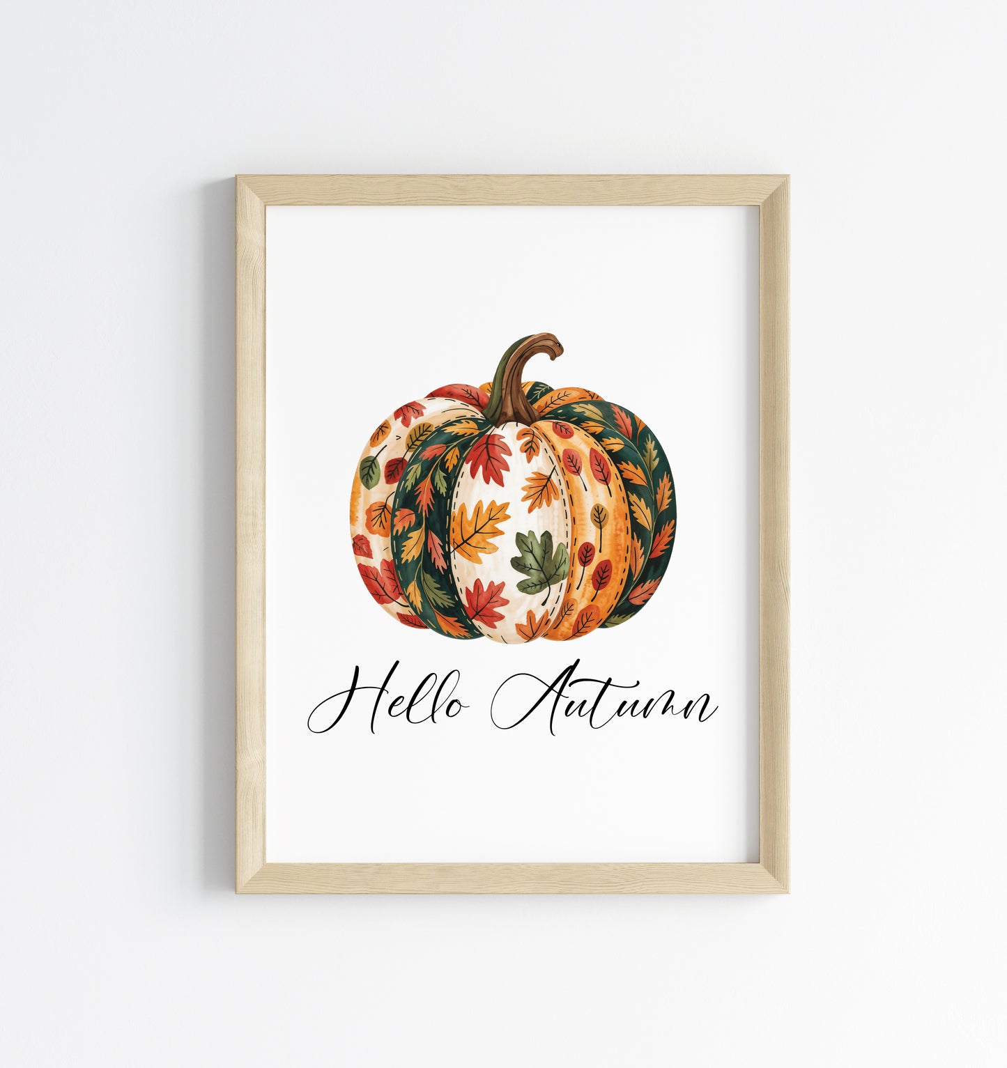 Autumn print, Hello Autumn Pumpkin, red orange green patterned fall leaves pumpkin unframed wall art poster print, autumn decor, pumpkins