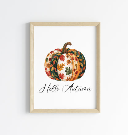 Autumn print, Hello Autumn Pumpkin, red orange green patterned fall leaves pumpkin unframed wall art poster print, autumn decor, pumpkins