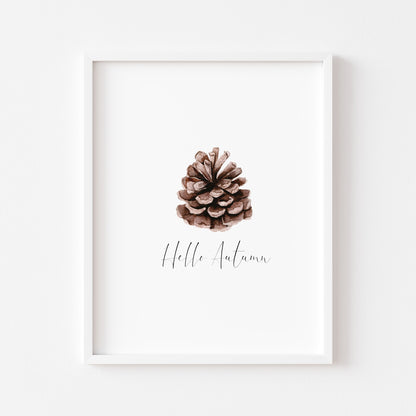 Hello Autumn watercolour pine cone seasonal fall unframed wall art poster print