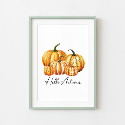 Hello Autumn, watercolour orange spotty bright striped chequered pumpkins fall seasonal unframed wall art poster print autumn home decor