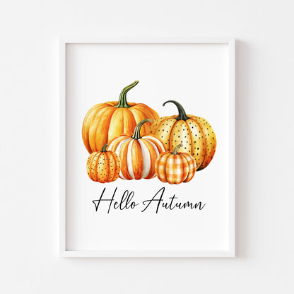 Hello Autumn, watercolour orange spotty bright striped chequered pumpkins fall seasonal unframed wall art poster print autumn home decor