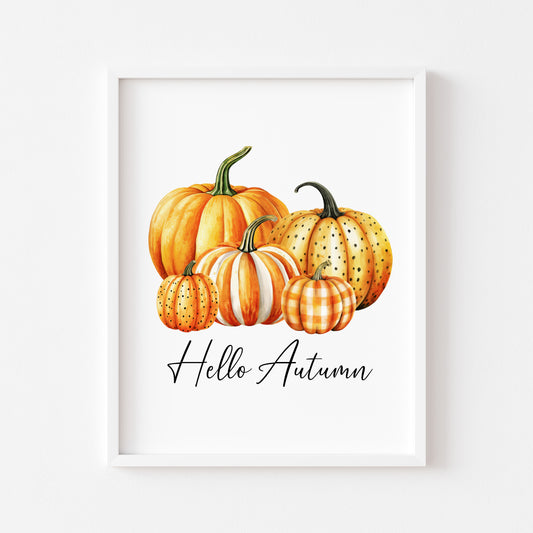 Hello Autumn, watercolour orange spotty bright striped chequered pumpkins fall seasonal unframed wall art poster print autumn home decor