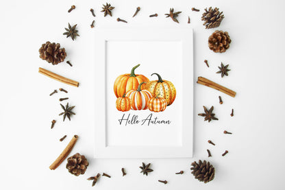 Hello Autumn, watercolour orange spotty bright striped chequered pumpkins fall seasonal unframed wall art poster print autumn home decor