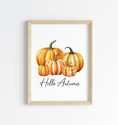 Hello Autumn, watercolour orange spotty bright striped chequered pumpkins fall seasonal unframed wall art poster print autumn home decor