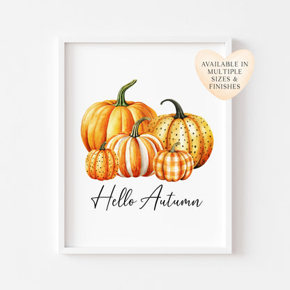 Hello Autumn, watercolour orange spotty bright striped chequered pumpkins fall seasonal unframed wall art poster print autumn home decor
