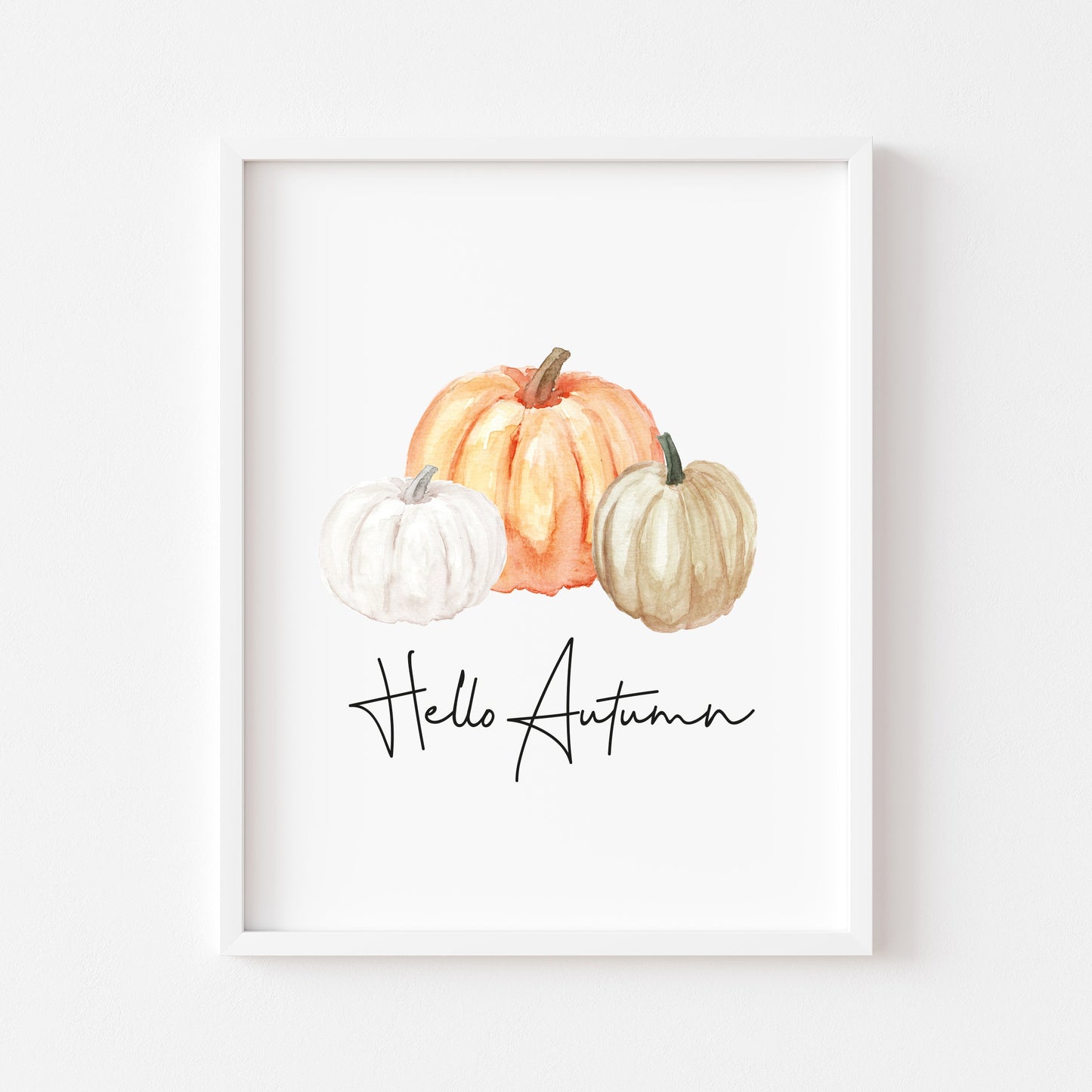 Hello Autumn watercolour pumpkin trio seasonal fall unframed wall art poster print