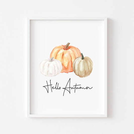 Hello Autumn watercolour pumpkin trio seasonal fall unframed wall art poster print