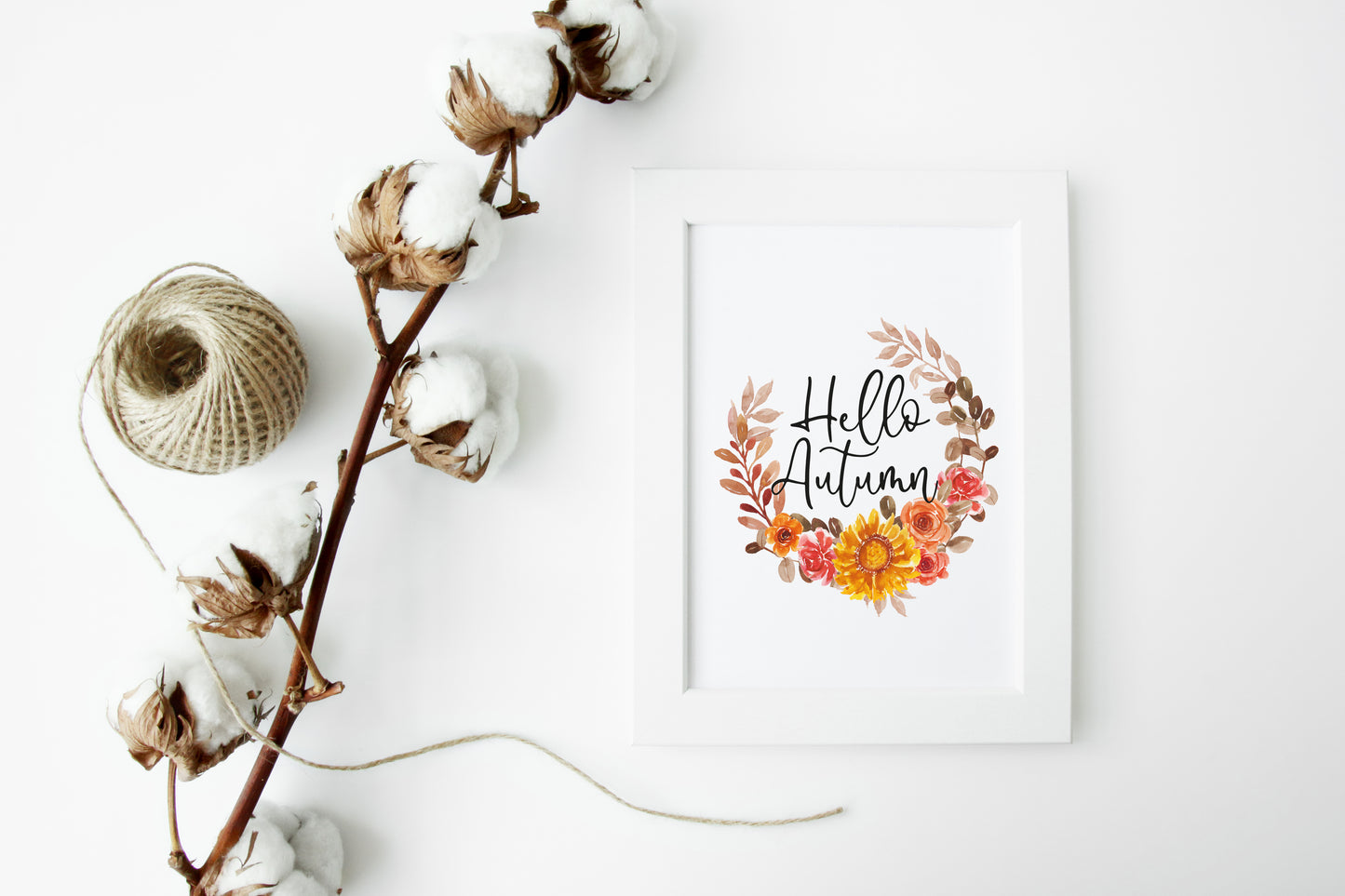 Hello Autumn watercolour sunflower floral wreath seasonal unframed wall art poster print