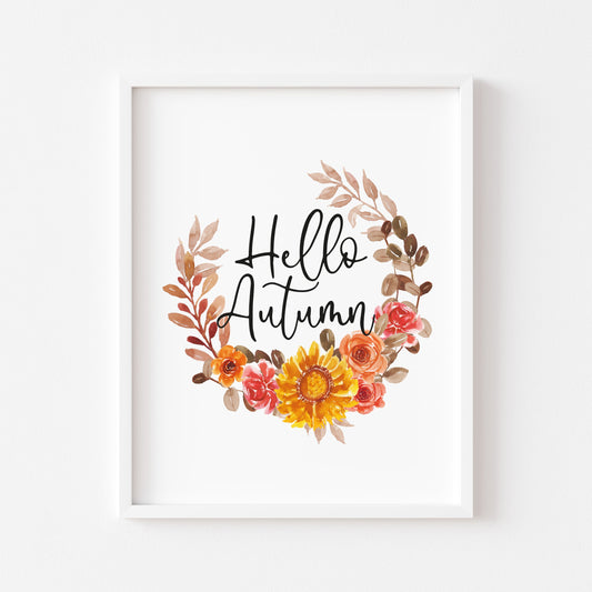 Hello Autumn watercolour sunflower floral wreath seasonal unframed wall art poster print